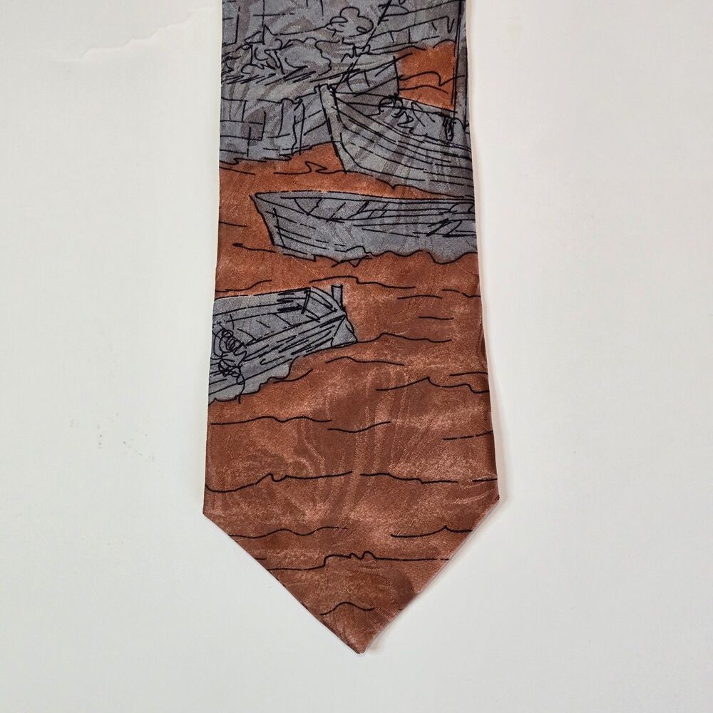 David Lawrence 100% Silk Tie Orange, Gray, Black Scenic  Artistic 57in x 3.75in